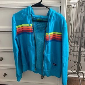 Aviator Nation 5 STRIPE HOODIE - NEON BLUE // NEON RAINBOW - Size X-Small